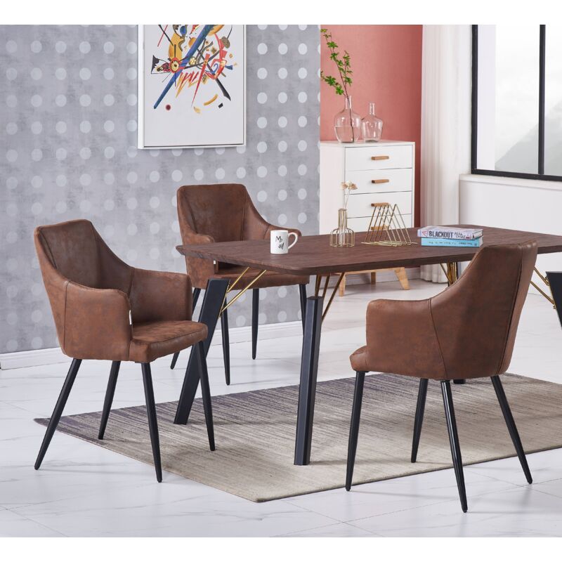 Cosmo lux Zarah Dining Set - a Walnut Wooden Dining Table and Set of 4 Brown Leather Dining Chairs - Dining Room Kitchen