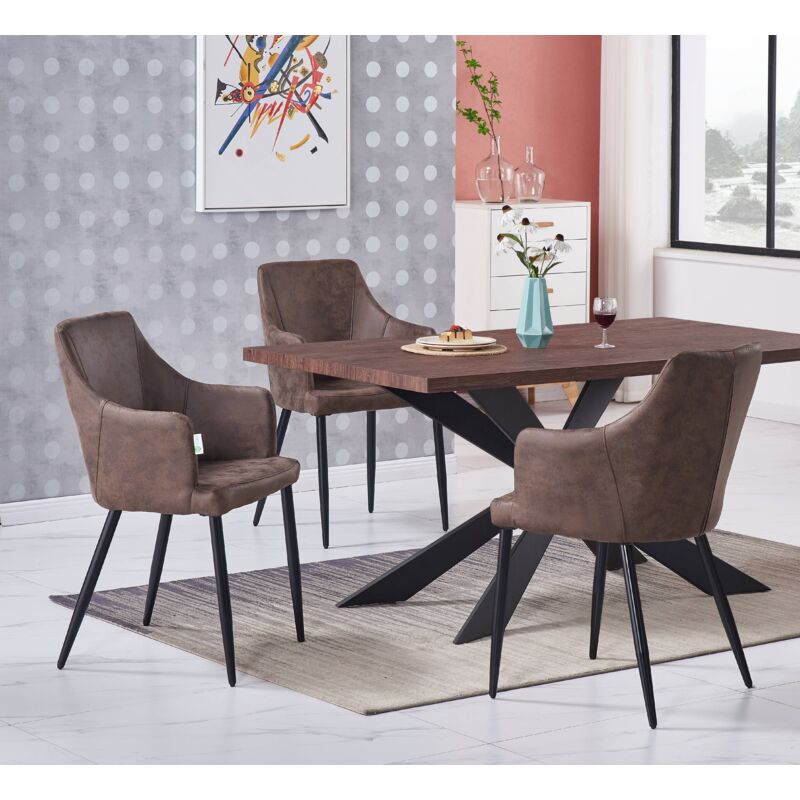 Duke lux Zarah Dining Set - a Walnut Wooden Dining Table and Set of 4 Dark Brown Leather Dining Chairs - Dining Room Kitchen