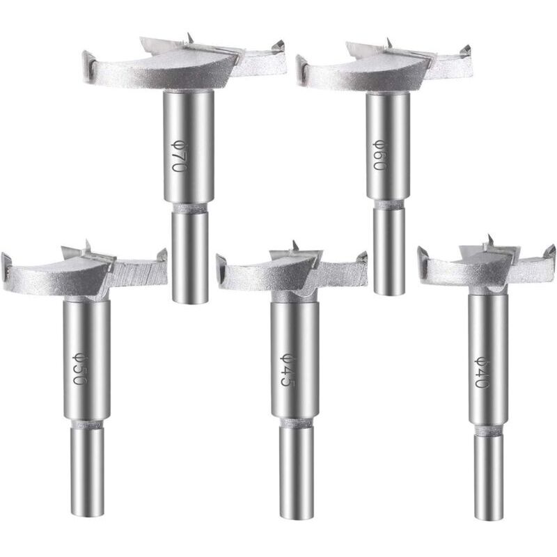 Debuns - 5 pièces Mèches Bois, (40/45/50/60/70mm) Fraises a Bois Carbure Assortiment de Mèches Pour La Perforation De Produits En Bois, Tiroirs,