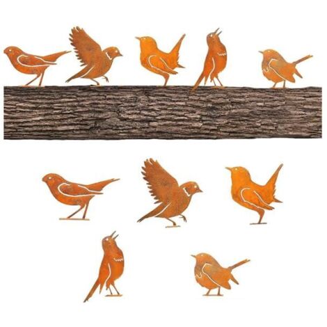 5 Pièces Oiseaux Rouillés Décoration de Jardin Extérieur pour Arbres, Patine Naturelle, Décoration Rétro Fleur et Mésange.