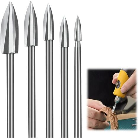 KEYOUNY 5 Pièces Outils Sculpture Bois pour Dremel, Mèches de Sculpture sur Bois avec Tige de 1/8", Ensemble d'Outils de Sculpture Acier Blanc pour Outils Rotatifs, Bricolage, Gravure, Ponçage, Perçage