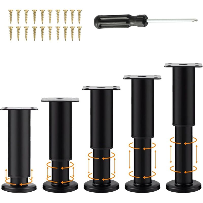 5 Pièces Pieds Meubles Noir Réglables 18-30cm, Jambe Support Canapé avec 20 Vis et 1 Tournevis, Universel Perçage sans