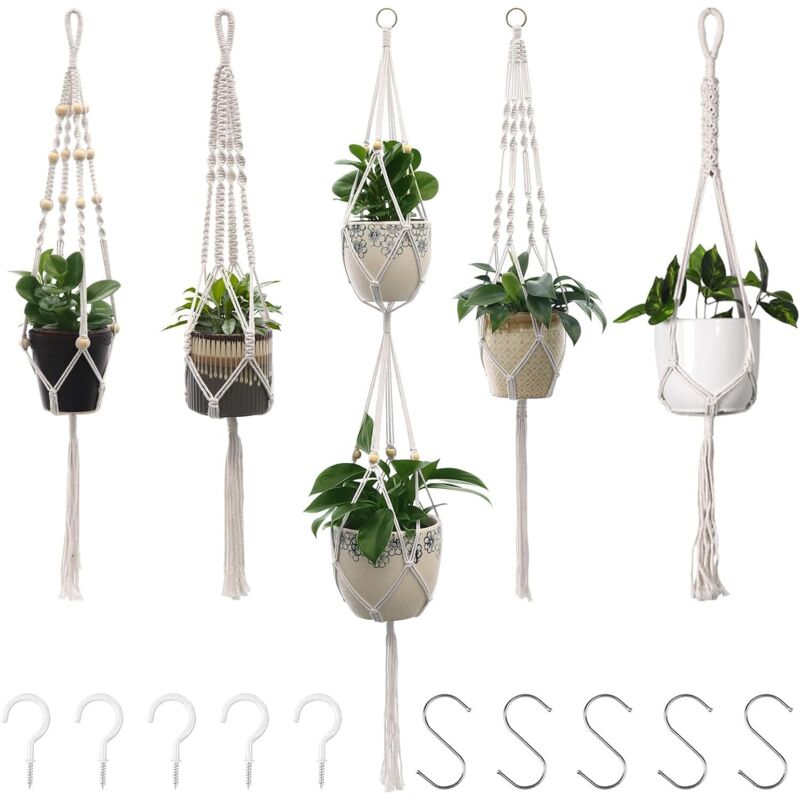 5 pièces Porte plantes et étagère à plantes, Macrame Pot Suspendu Panier Suspendu en Corde Coton Pot de Fleurs pour Plantes Support Suspendu