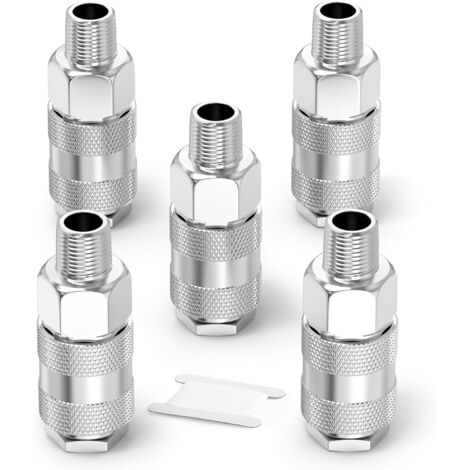5 Pièces - Raccord Rapide - Coupleur D'air - Filetage 3/8 BSP Mâle - Fer Nickelé Résistant - Pour Compresseur Et Outils Pneumatiques - Argenté - 3/8 Pouces