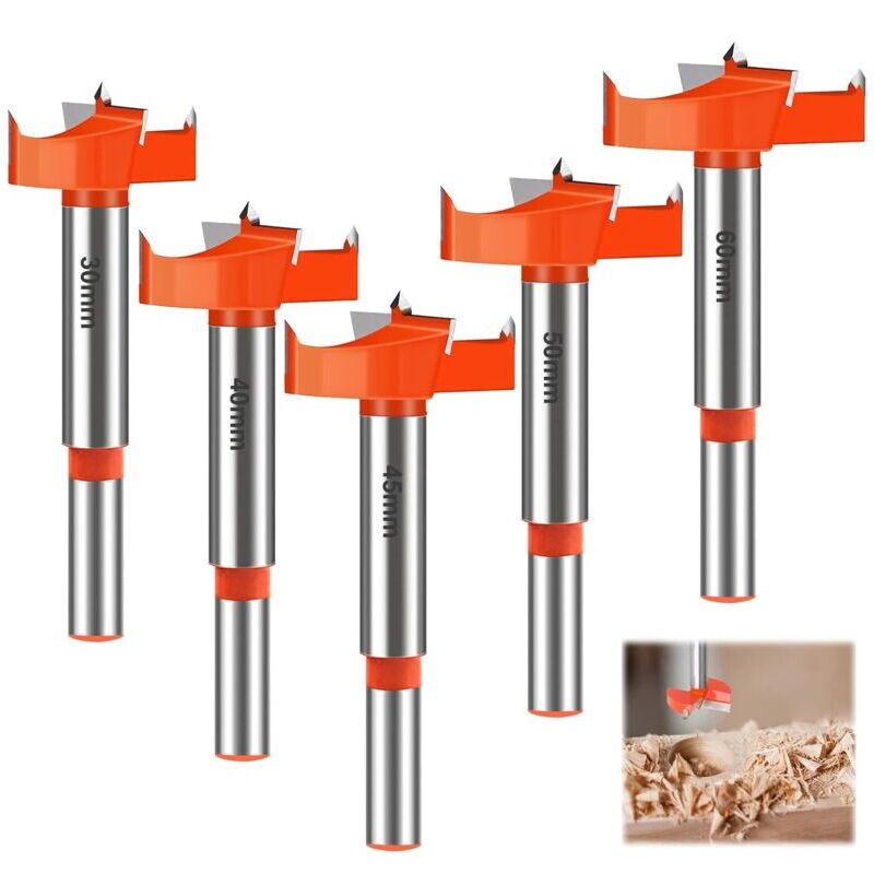 Linghhang - 5 Pièces (rouge) Mèches Bois, 30/40/45/50/60mm Fraises à Bois Carbure, Forets Meches a Bois, Queue Ronde Jeu de Forets, Drill Bits, pour