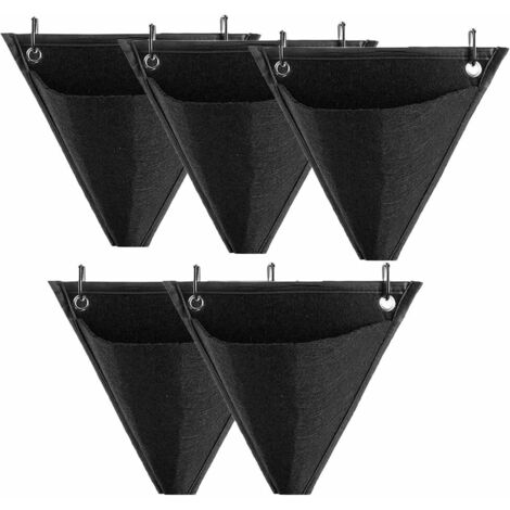 5 Pièces Sac à Plantes Murale de Jardin, Poche de Plantation Vertical, Sac de Plantation Suspendu, Conception Triangulaire, avec Crochet, pour Extérieur, Intérieur, Maison, Décoration, Cour (Noir)
