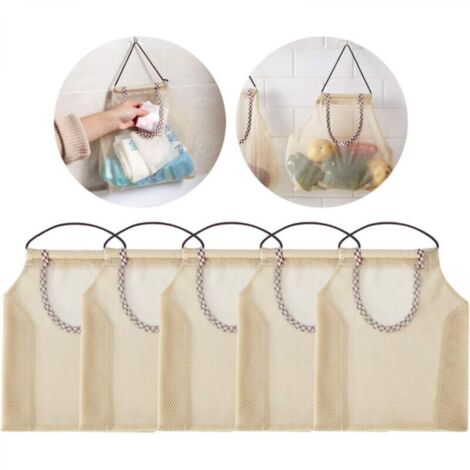 5 pièces sac en filet suspendu respirant, sacs de support de rangement de cuisine pour pommes de terre, oignons, ails, légumes, fruits
