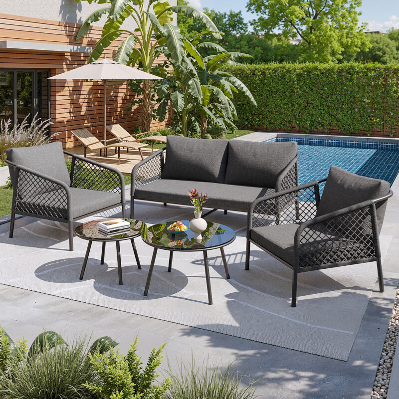 Lot de 5 salon de jardin gris, y compris tous les coussins d'assise et de dossier (canapé double x 1, siège simple x 2, Table ronde x 2)