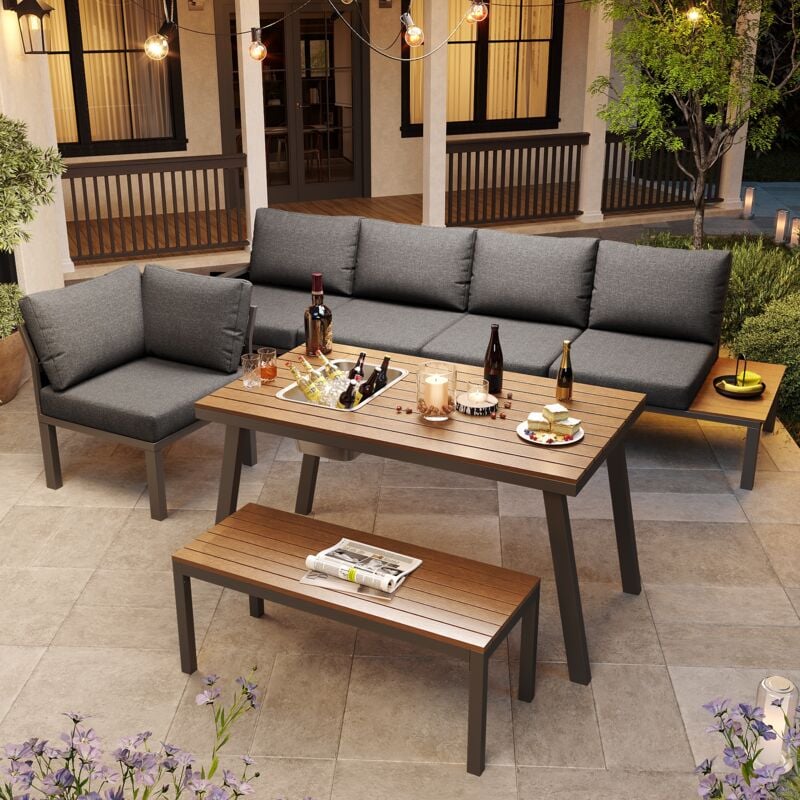 Lot de 5 salon de jardin gris avec plateau de table avec seau à glace (chaise double x 2, chaise d'angle x 1, table x 1, banc en bois plastique x 1)