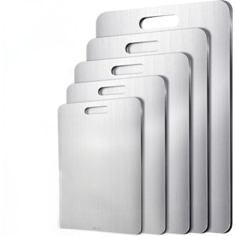 5 Pièces Set de Planches à Découper Acier Inoxydable 316 – Planche Inox Cuisine Antibactérienne, Planche à Découper Titane Double Face, Sans BPA, Idéal Viande, Fruits, Légumes, Pain