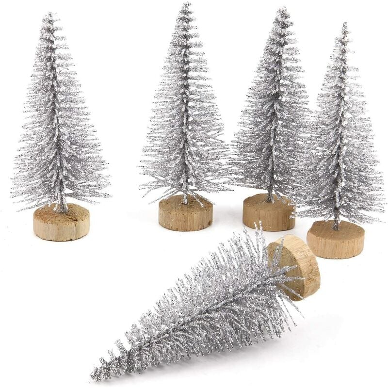 

5 piezas de árbol de Navidad artificial mini mesa interior decoraciones de árbol de Navidad en miniatura, plata, 10 cm