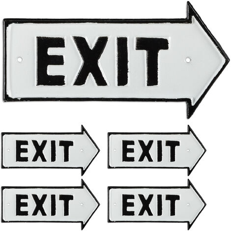 5 Placas Exit, Letreros Decorativos Pared y Puerta, Retro, Flechas Derecha, Señaléticas, Hierro Fundido, Blanco y Negro