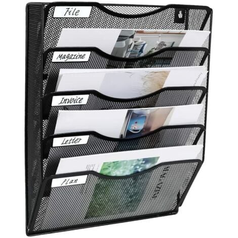5 Poches Maille Mur Porte-Fichiers Bureau Suspendu Dossier Dossier Magazine Rack Courrier Trieur Bin  étiquette porte-nom incluse, noire--TRIMEC