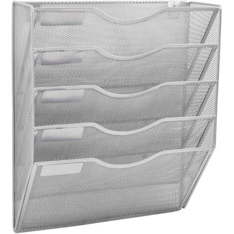 5 Pocket Mesh Hanging Wall File Organizer, Wall Mounted Mail Paper Document Folder Holder, Clipboard Storage Organization Magazine Rack with Nametag Label for Office Home School, Silver