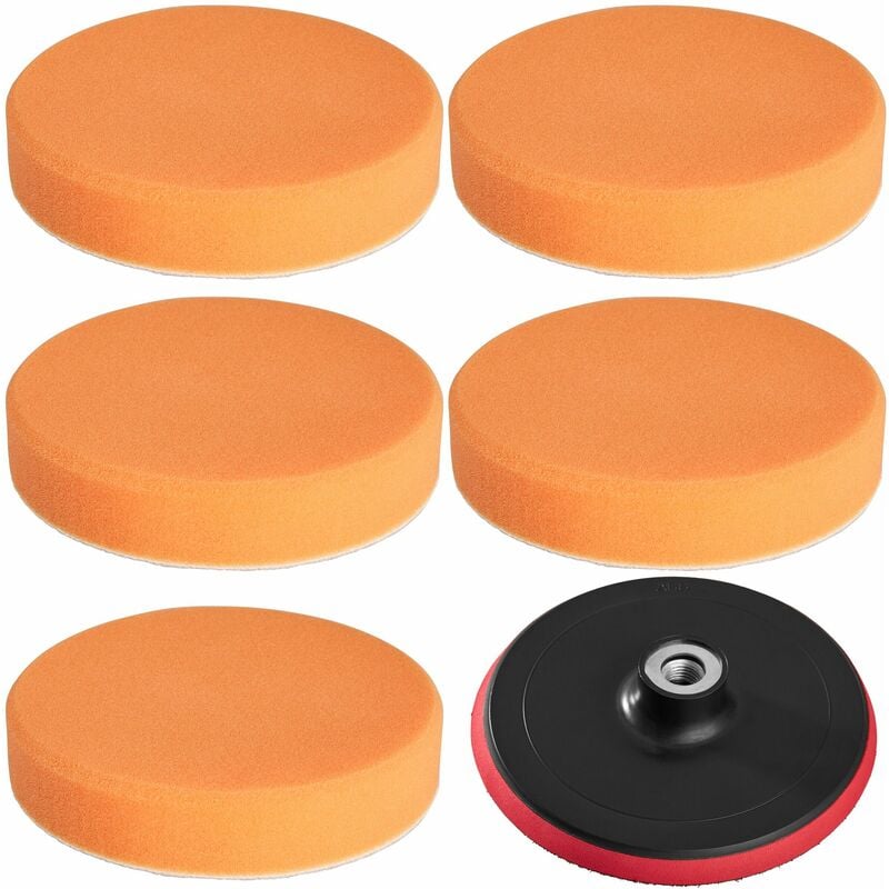 5 polishing sponges 150 mm medium-soft + polishing disc - polishing pads, car polishing pads, buffing pads - orange