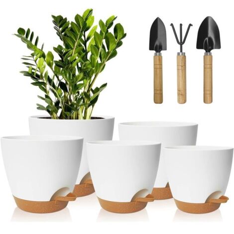 5 Pots de Fleurs en Plastique, 17.8/16.5/15.2/13.9/12.7 cm, avec Système d'Auto-Arrosage et Soucoupes