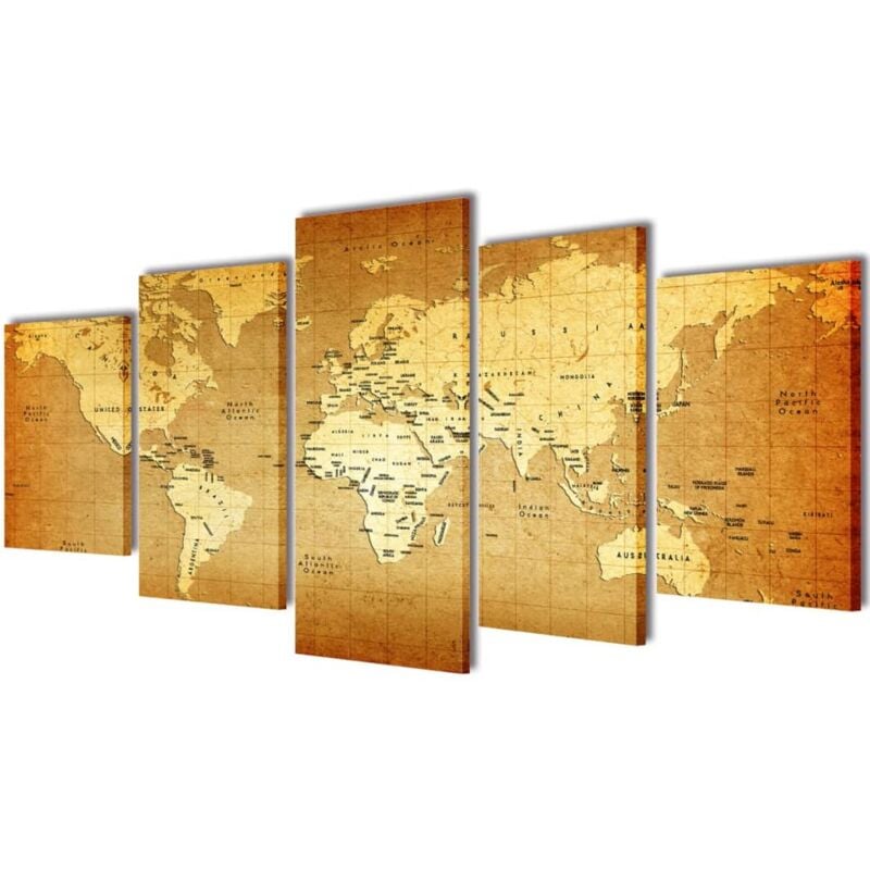 Set Stampa su Tela da Muro 5 pz Mappa del Mondo 100 x 50 cm Vidaxl 454473