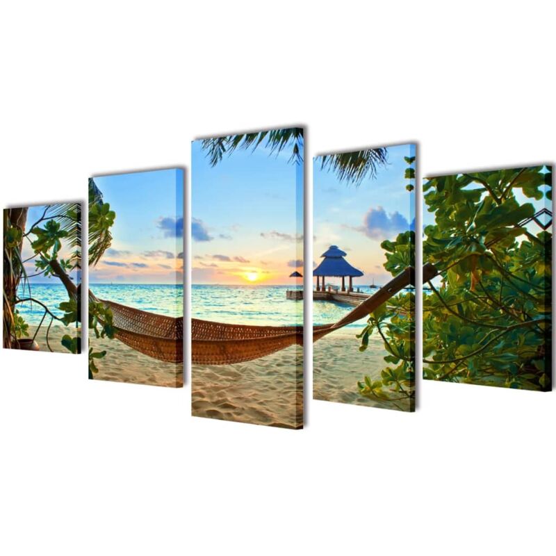 5 pz Set Stampa su Tela da Muro Spiaggia di Sabbia con Amaca 200x100cm Vidaxl Multicolore