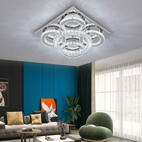 5 Rings Modern Crystal Chandelier, Led Ceiling Light, Square K9 Crystal Flush MountLighting Fixture for Bedroom, Living Room, Dining Room,3-Colors Adjustable