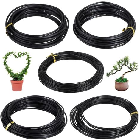 5 Rollen eloxierter Aluminium-Bonsaidraht für Bonsaipflanzen, 5 Stärken – 1,0 mm / 1,5 mm / 2,0 mm / 2,5 mm / 3,0 mm, Schwarz, insgesamt 50 m