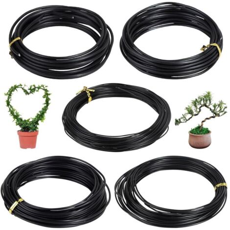 5 Rouleaux de fil de fer pour bonsaï Anodisé Aluminium Fil de fer pour bonsaï Plantes de bonsaï 5 tailles -1,0mm /1,5mm /2,0mm /2,5mm /3,0mm, Noir, 40m au total