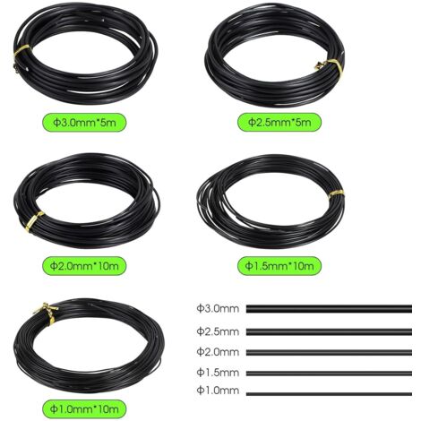 5 Rouleaux de fil de fer pour bonsaï Anodisé Aluminium Fil de fer pour bonsaï Plantes de bonsaï 5 tailles -1,0mm /1,5mm /2,0mm /2,5mm /3,0mm, Noir, 50m au total