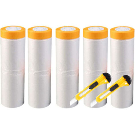 5 rouleaux de ruban de masquage 55 cm 20 M ruban de protection en toile avec bâche en plastique ruban de masquage imperméable film de protection pour meubles + 2 couteaux utilitaires