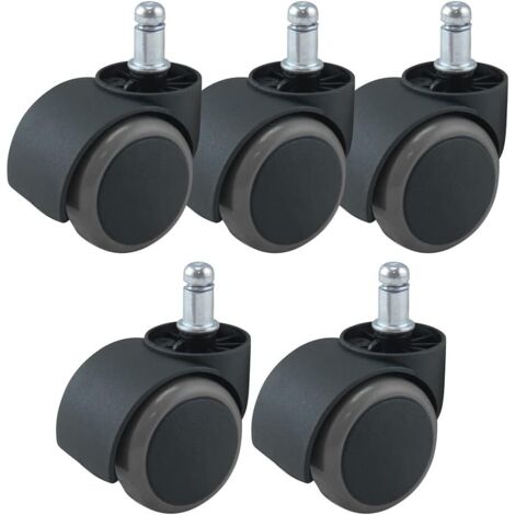 5 roulettes pour fauteuil de bureau, revêtement caoutchouc, diamètre 50 mm, tige 11 mm, sol dur, noir/gris