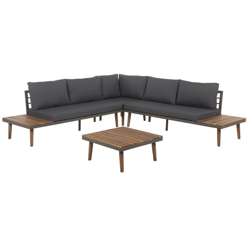 Beliani - Garden 5 Seater Corner Sofa Set Acacia Wood Coffee Table Grey Cushions Corato