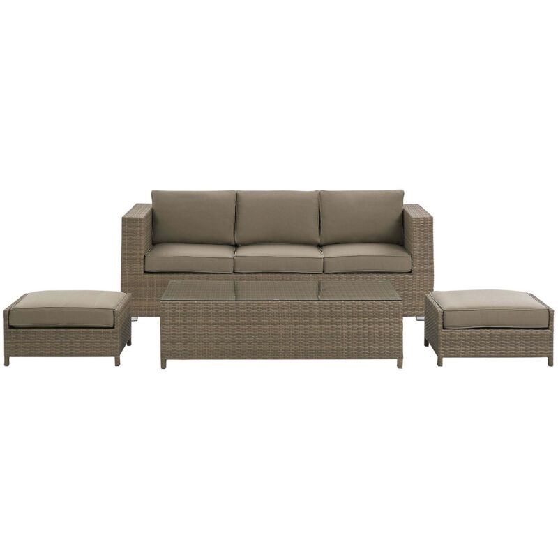 Beliani - Faux Rattan Outdoor Sofa Set Brown Table 2 Ottomans With Cushions Belluno