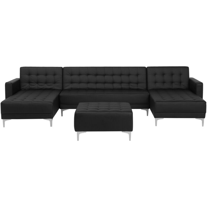 Modular U-Shaped Corner Sofa Bed 2 Chaises Ottoman Black pu Leather Aberdeen