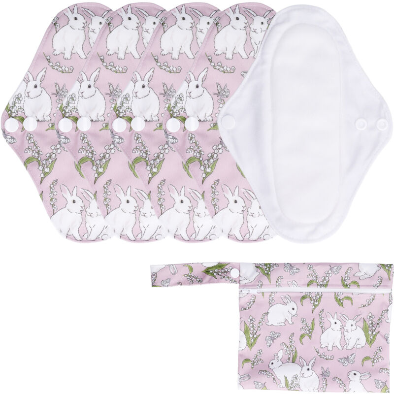5 Serviettes Hygiéniques Lavables pour Femmes - Absorption Maximale, Confort Respirant et Réutilisables avec Pochette de Rangement Lapin