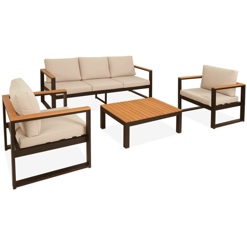 Sweeek - 5-sitzer Gartengarnitur Aus Aluminium Und Eukalyptus Schwarz / Beige