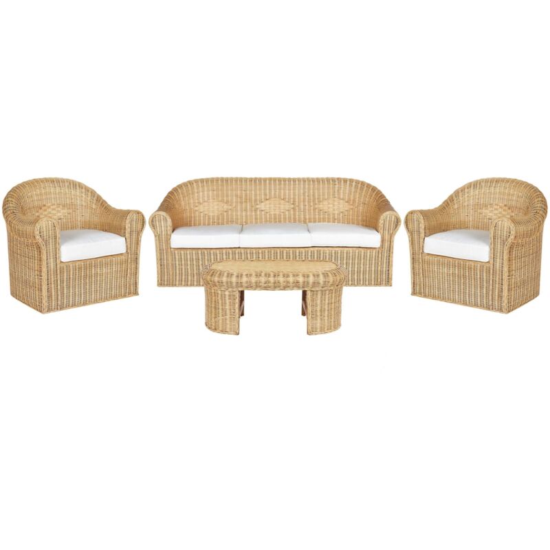 Beliani 5-sitzer Lounge Set Naturfarben Rattan Geflochten Sofa Mit Couchtisch 2 Sesseln Und Weißen Kissen Boho Möbel Outdoor Indoor Garten Terrasse