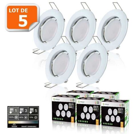 5 Spots led 3-step dimmable sans variateur 7w eq.56w blanc chaud finition blanc