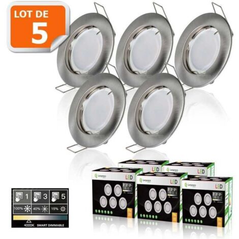 5 Spots led 3-step dimmable sans variateur 7w eq.56w blanc neutre finition alu brossé
