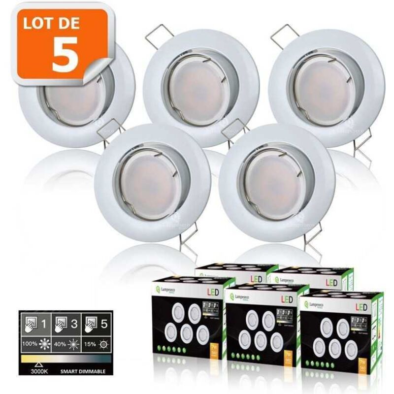 5 Spots led 3-step dimmable sans variateur 7w eq.56w blanc chaud orientable finition blanc 5 Spots led 3-step dimmable sans variateur 7w eq.56w blanc chaud orientable finition blanc