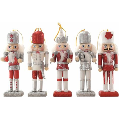 5 Stück Weihnachtsnussknacker Soldat 13cm Holz Nussknacker Soldat Weihnachtsbaum Dekoration Nussknacker Weihnachtsnussknacker Figuren Weihnachtsanhänger zum Aufhängen Rot und Silber Glitzer