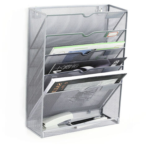5-stufiger, wandmontierter Aktenorganizer fürs Büro, vertikaler Organizer aus silberfarbenem Metall, mit Löchern zur Wandmontage und polierter Kante, Abmessungen 100x320x410mm, inklusive 2 Haken, 2 Ro