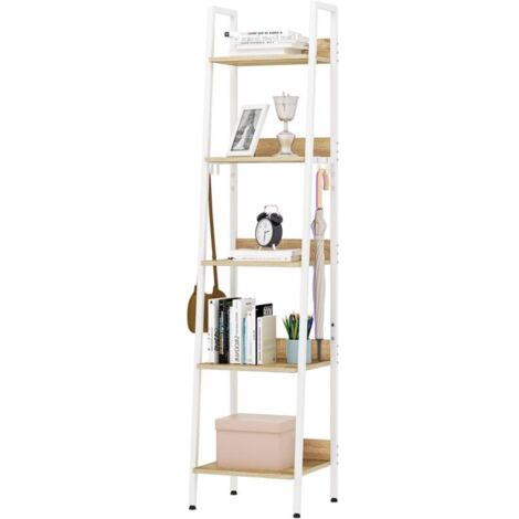 5-stufiges Leiterregal mit 4 abnehmbaren Haken, Vintage-Industrie-Stil, Metallrahmen, MDF, weiß, 40 x 170 x 36 cm.