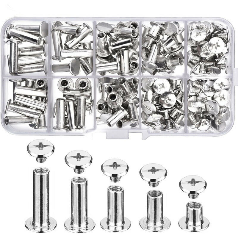 5 Tailles en Métal Vis de Reliure 100 Pcs, Chicago Vis, Rivet à Visser Solide Inoxydable pour DIY, Décoration de Cuir, Réparation de Reliure, Loisirs