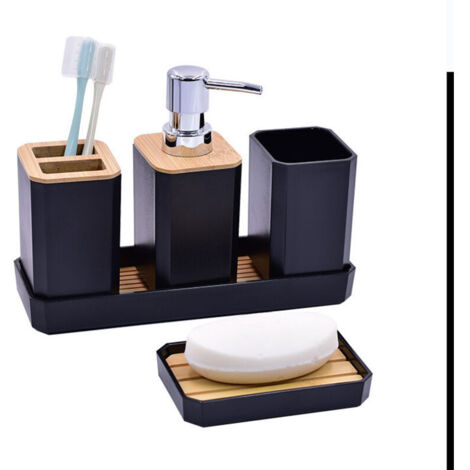 5-teiliges Badezimmer-Accessoire-Set aus Bambus mit Lotionflaschen und Bürstenhalter