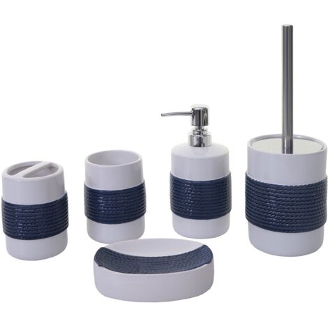 5-teiliges Badset HHG-684, WC-Garnitur Badezimmerset Badaccessoires, Keramik blau/weiß