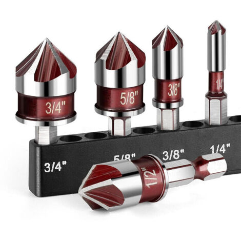 5-teiliges Bohrer-Set, hochwertiger 82°-Senkbohrer, 5 Schneiden, Schnellwechsel-Sechskantschaft, 6,35 mm bis 19 mm, für Holz, Metall und Kunststoff