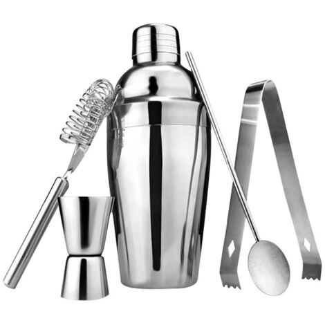 5-teiliges Cocktailset aus Edelstahl, bestehend aus einem 750-ml-Shaker, Löffel, Jigger, Zange und Barsieb.