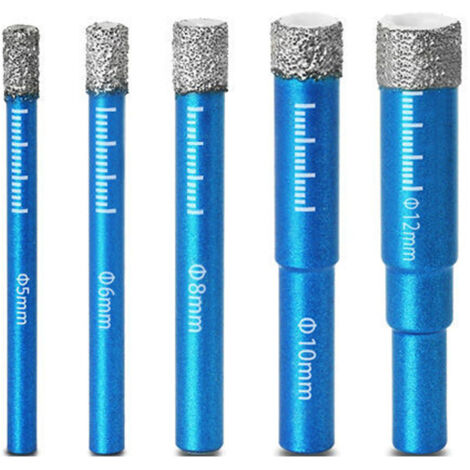 5-teiliges Diamantbohrer-Set – Diamant-Glasbohrer, Größen 5 mm, 6 mm, 8 mm, 10 mm und 12 mm, vakuumgelötet, zum Trockenbohren von Granit, Keramik, Marmor, Fliesen, Stein, kompatibel mit