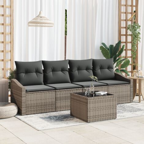 5-teiliges Garten Essgruppe mit Kissen Grau Poly Rattan vidaXL959437