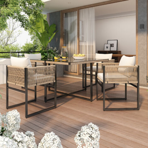 5-teiliges Garten-Essgruppen-Set aus Eisen und Sicherheitsglas, Beige, 110x110x74 cm, mit 4 Stühlen und waschbaren Kissen