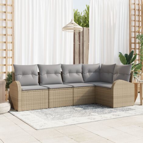 5-teiliges Garten-Sofa-Set mit Kissen Beige Poly Rattan vidaXL769317