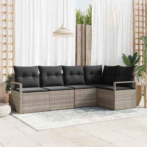 5-teiliges Garten Sofa Set mit Kissen Hellgrau Poly Rattan vidaXL250853